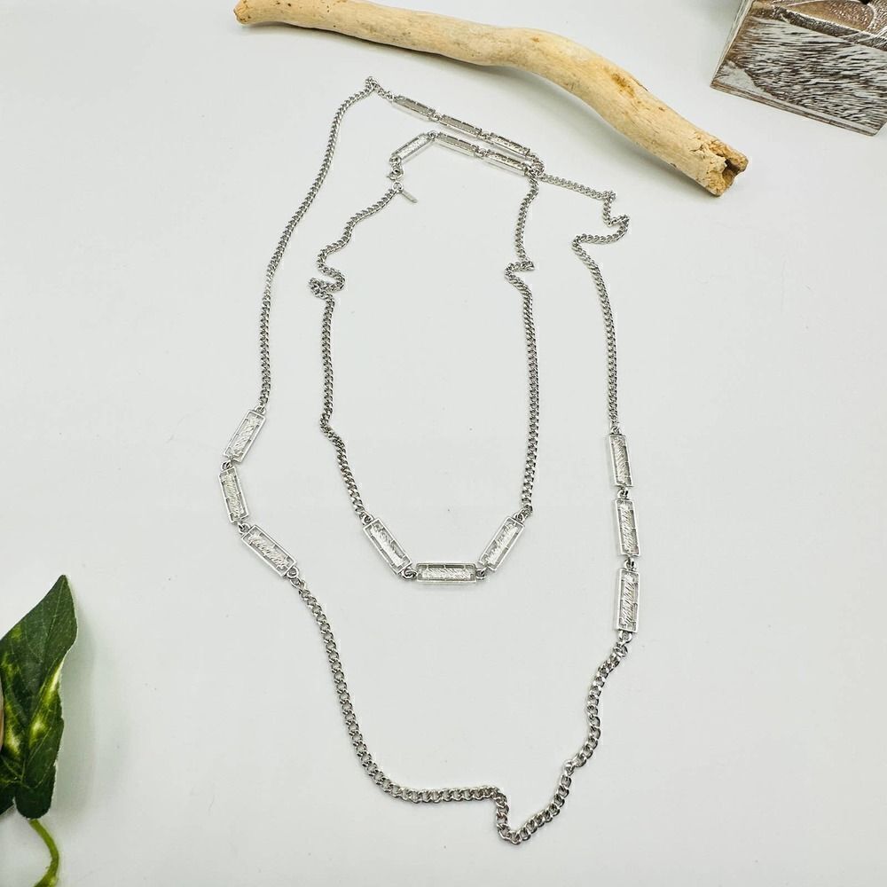 Vintage Monet Silver Tone CHAIN Link Extra Long BAR Necklace 57 in